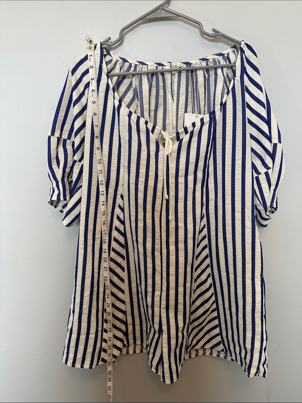 Women’s Blue and White Striped Shorts Romper with Tie Neck Size Medium